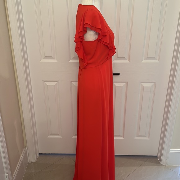 Small BCBGMAXAZRIA red full length gown with ruffle sleeves and side slit. NBW. - Picture 8 of 9